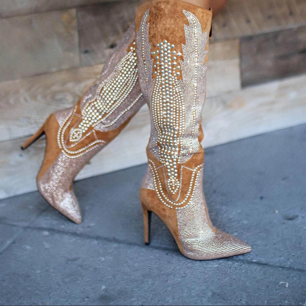 RHINESTONE HIGH HEEL POINTED WESTERN BOOTS-TAN